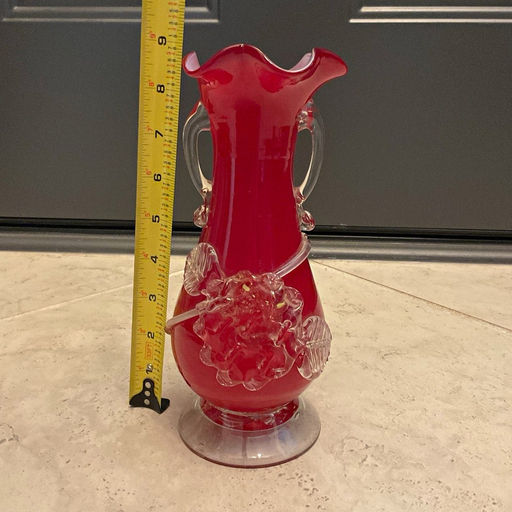 Vintage red Cased Art Vase Blown Glass, 3D Applied Floral Handles Ruffled edge